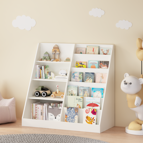 Kids Bookshelf and Toy Storage Organizer, Multifunctional 4 Tier Wooden Kids Book Shelf with Bookcase Display Stand in Kids Room Playroom Nursery for Kids, Children, Toddlers
