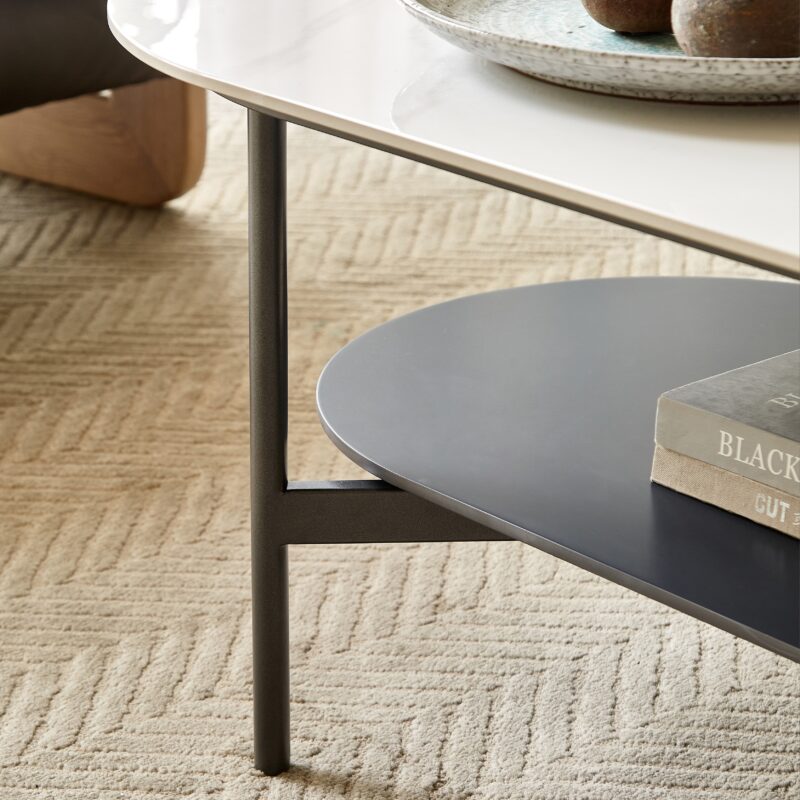 Coffee table ceramic Coffee Table, MDF painting Double Layer Coffee Table for Living Room, white ceramic and Coffee Brown Bottom Shelf - Image 3