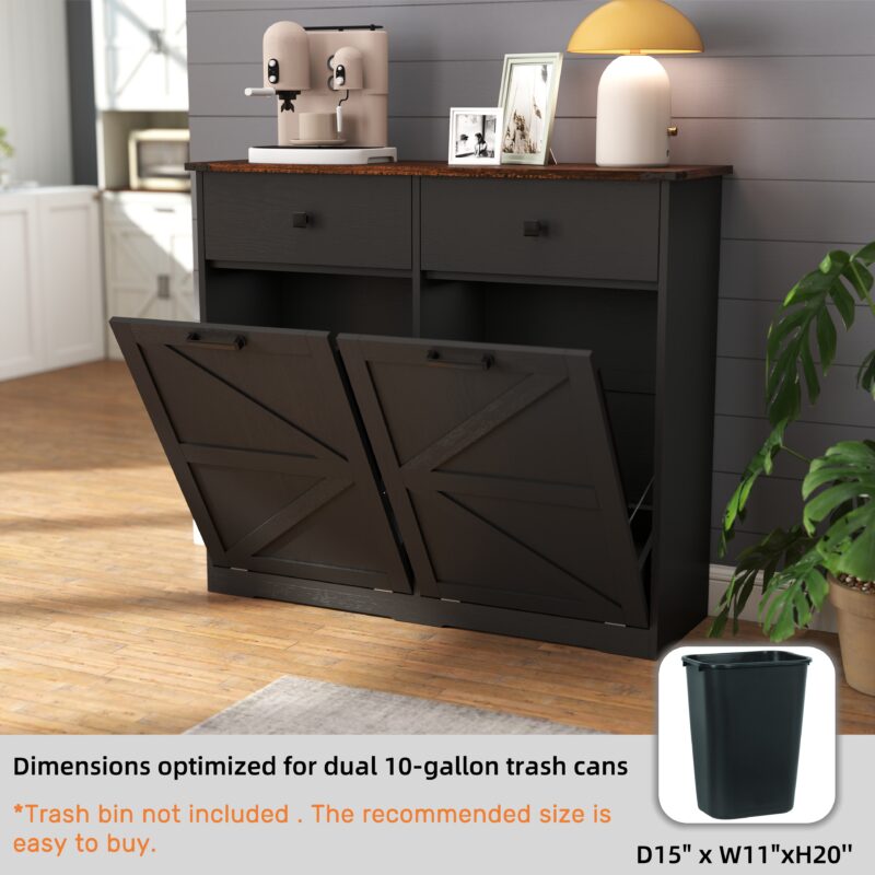 Farmhouse Double Tilt Out Trash Cabinet for 20 Gallon Trash Cans, Free Standing Recycling Cabinet with Hideaway Drawer, Barn Door Style Laundry Sorter Cabinet, Tilt Out Trash Cabinet for Kitchen - Image 11