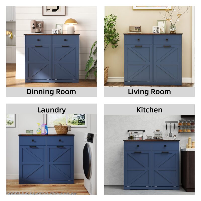 Farmhouse Double Tilt Out Trash Cabinet for 20 Gallon Trash Cans, Free Standing Recycling Cabinet with Hideaway Drawer, Barn Door Style Laundry Sorter Cabinet, Tilt Out Trash Cabinet for Kitchen - Image 22