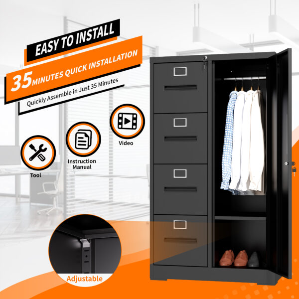 Metal Storage Vertical Filing Cabinet with Lock, Steel File Locker with 4 Drawers and 1 door for School, Living Room, Bedroom, Office (Black)