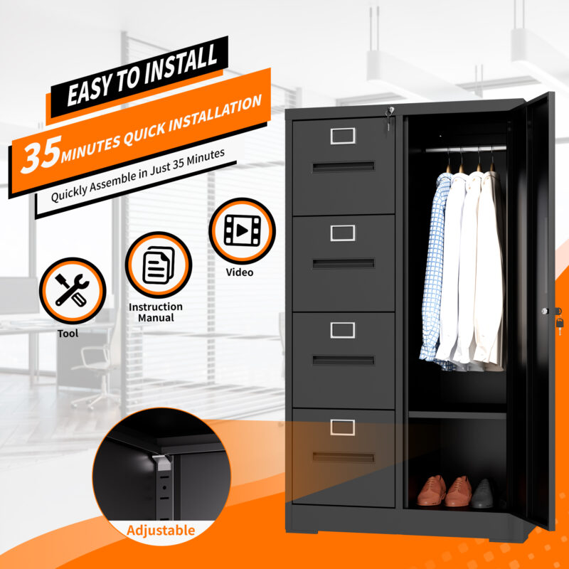 Metal Storage Vertical Filing Cabinet with Lock, Steel File Locker with 4 Drawers and 1 door for School, Living Room, Bedroom, Office (Black) - Image 5