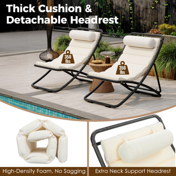TREXM 2-Pieces Outdoor Folding Chair, Rattan-Wrapped Patio Chair with Adjustable Backrest, Thick Cushion, and Detachable Headrest ,for the Poolside, Beach, Backyard, Decck, and Camping