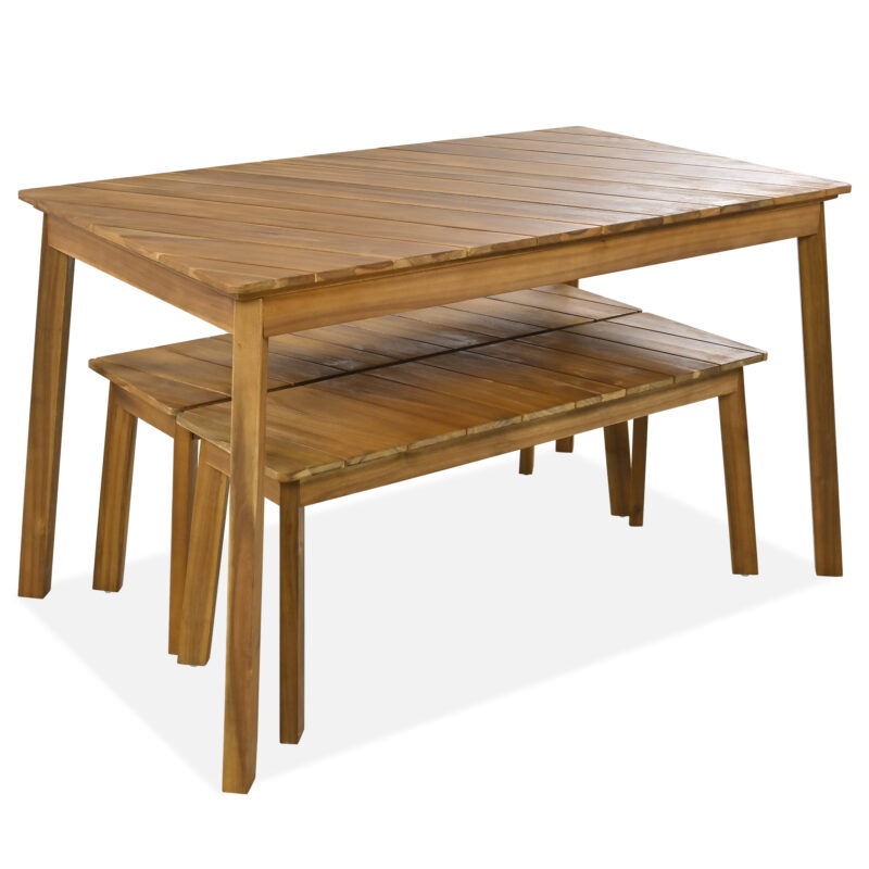 GO 3 Pieces Acacia Wood Table Bench Dining Set For Outdoor & Indoor Furniture With 2 Benches, Picnic Beer Table for Patio, Porch, Garden, Poolside, Natural - Image 4