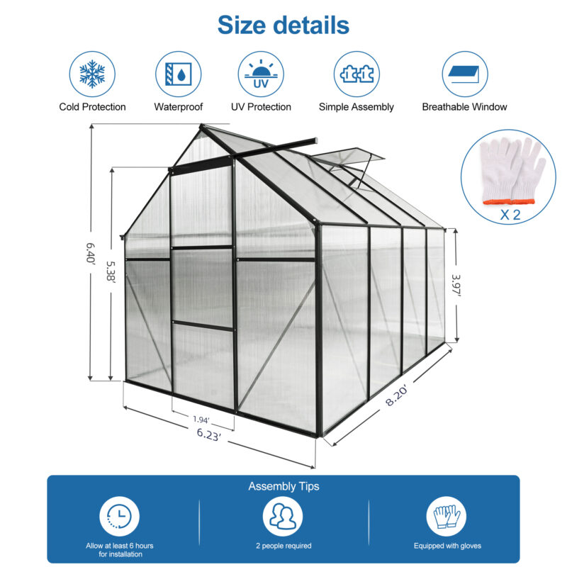 6x8 FT Polycarbonate Greenhouse Raised Base and Anchor Aluminum Heavy Duty Walk-in Greenhouses for Outdoor Backyard in All Season - Image 9