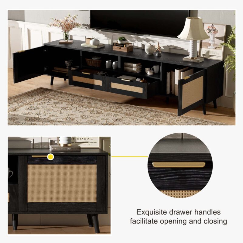 Rattan TV Stand for TVs up to 85'', Modern Farmhouse Media Console, Entertainment Center with Solid Wood Legs, TV Cabinet for Living Room,Home Theatre - Image 22