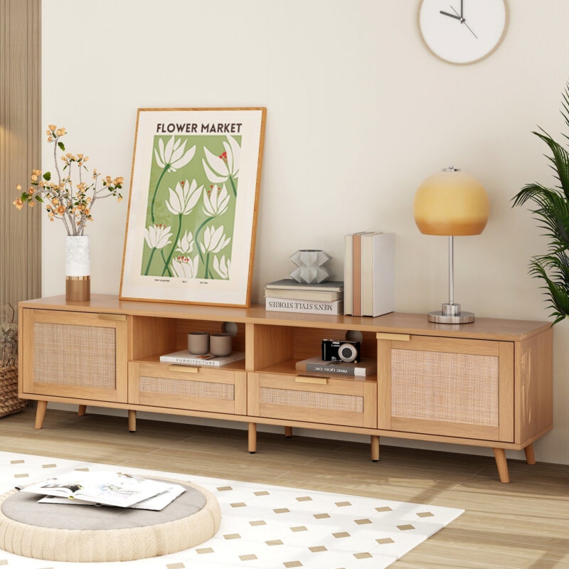 Rattan TV Stand for TVs up to 85'', Modern Farmhouse Media Console, Entertainment Center with Solid Wood Legs, TV Cabinet for Living Room,Home Theatre - Image 12