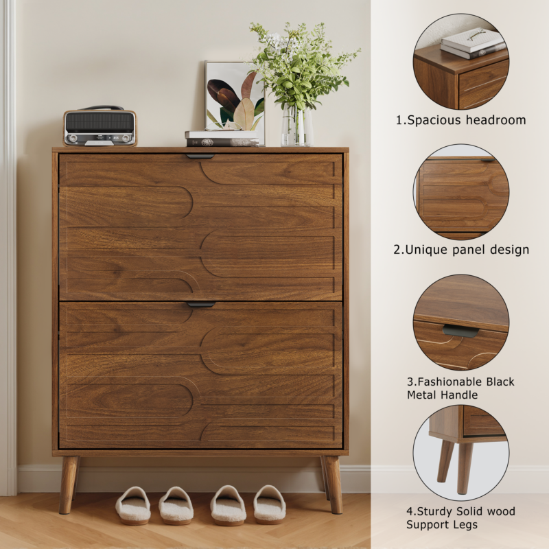 Medieval Modern Independent Shoe Cabinet, 31.5-inch Walnut Shoe Storage Cabinet,, Fence Shoe Cabinet with 2 Flip Drawers, Suitable For Corridors And Entrances - Image 6