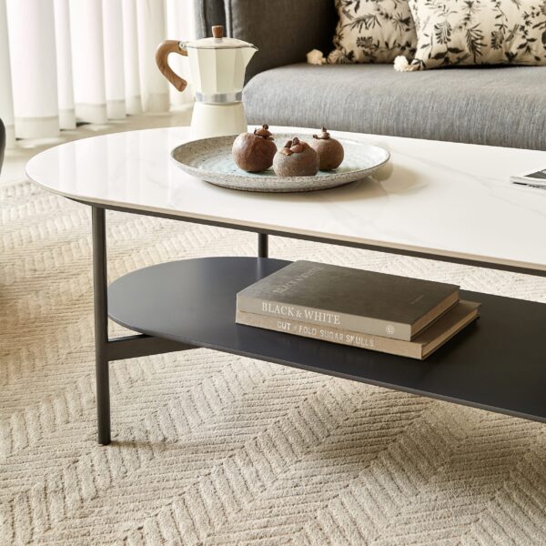 Coffee table ceramic Coffee Table, MDF painting Double Layer Coffee Table for Living Room, white ceramic and Coffee Brown Bottom Shelf