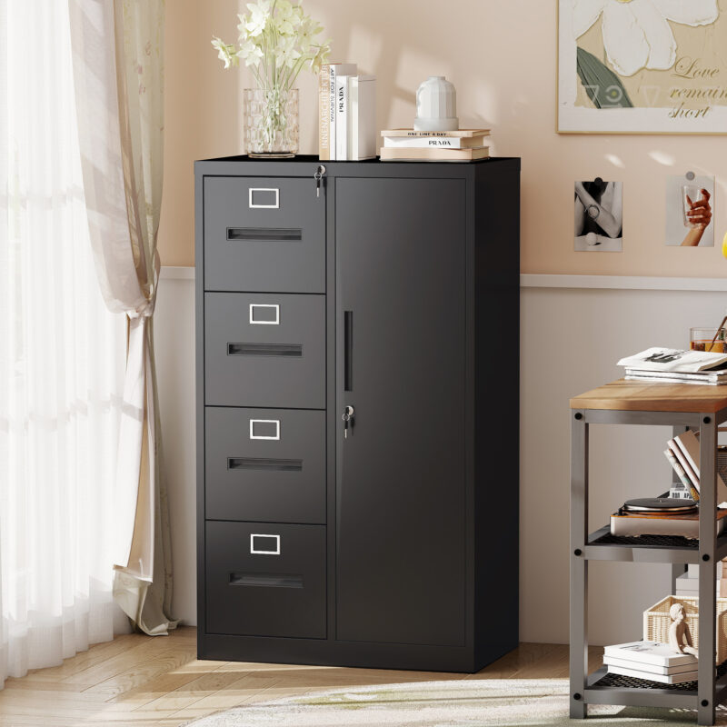Metal Storage Vertical Filing Cabinet with Lock, Steel File Locker with 4 Drawers and 1 door for School, Living Room, Bedroom, Office (Black) - Image 3