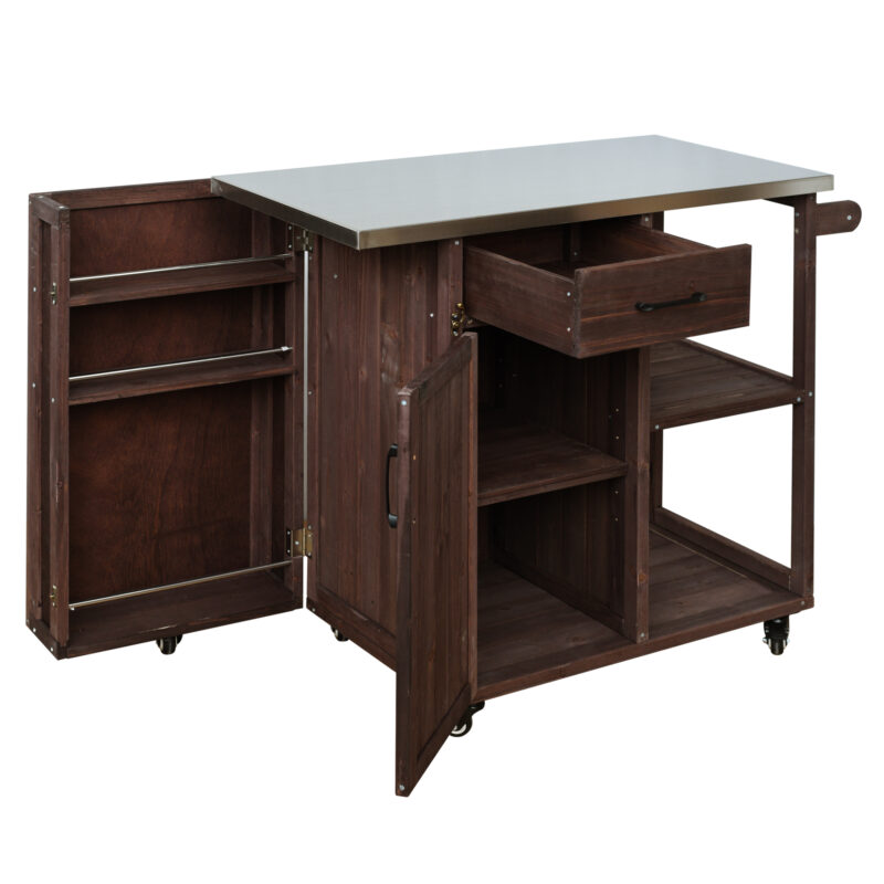 Outdoor Kitchen Island Fir Wood Prep Station Lockable Kitchen Cart with Stainless Top, Ample Storage Space, Towel and Spice Racks for Patio and Outdoor - Image 20