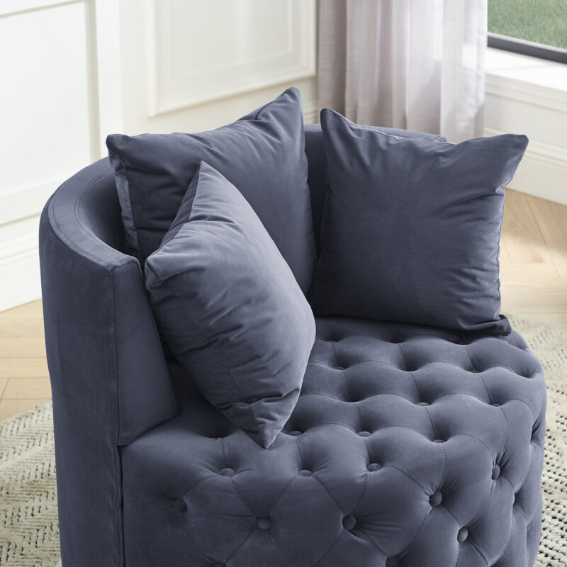 Velvet Upholstered Swivel Chair for Living Room, with Button Tufted Design and Movable Wheels, Including 3 Pillows - Image 11