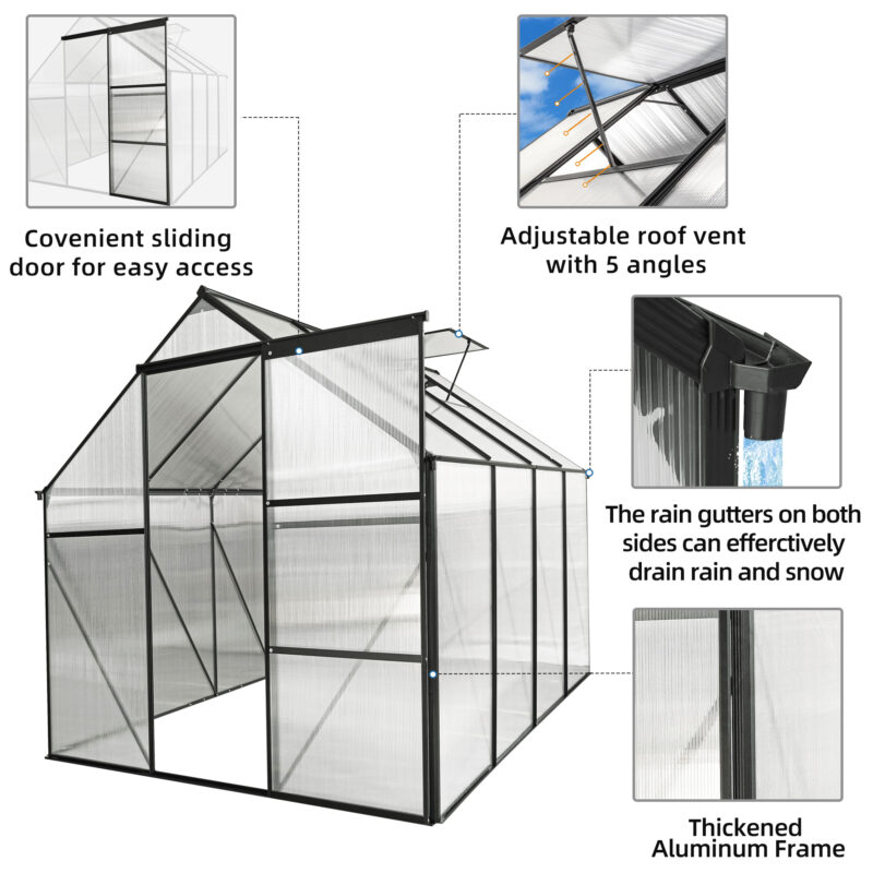 6x8 FT Polycarbonate Greenhouse Raised Base and Anchor Aluminum Heavy Duty Walk-in Greenhouses for Outdoor Backyard in All Season - Image 8