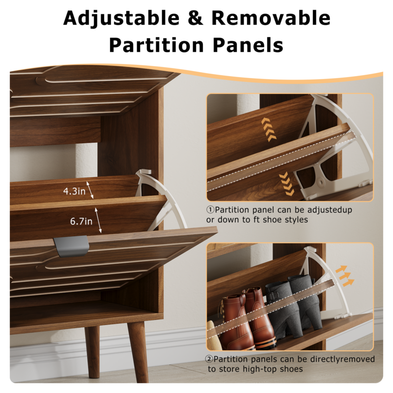Medieval Modern Independent Shoe Cabinet, 31.5-inch Walnut Shoe Storage Cabinet,, Fence Shoe Cabinet with 2 Flip Drawers, Suitable For Corridors And Entrances - Image 7