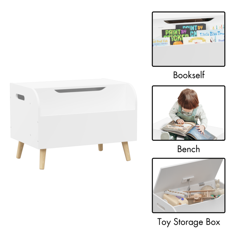 Wooden Toy Box, Kids Toy Storage Organizer with Front Bookshelf, Flip-Top Lid, Safety Hinge, Boys Girls Toy Chest Bench for Playroom Kids Room Organization (White) - Image 6