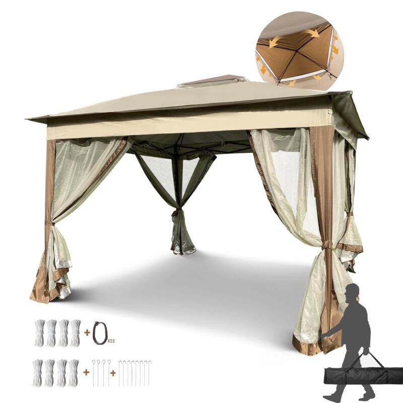 Outdoor 11x 11Ft Pop Up Gazebo Canopy With Removable Zipper Netting,2-Tier Soft Top Event Tent,Suitable For Patio Backyard Garden Camping Area,Coffee - Image 2