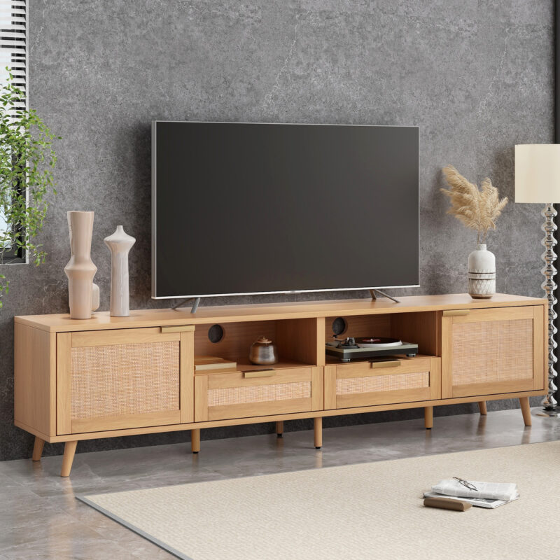 Rattan TV Stand for TVs up to 85'', Modern Farmhouse Media Console, Entertainment Center with Solid Wood Legs, TV Cabinet for Living Room,Home Theatre - Image 10