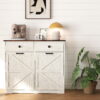 Farmhouse Double Tilt Out Trash Cabinet for 20 Gallon Trash Cans, Free Standing Recycling Cabinet with Hideaway Drawer, Barn Door Style Laundry Sorter Cabinet, Tilt Out Trash Cabinet for Kitchen - Image 2