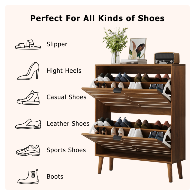 Medieval Modern Independent Shoe Cabinet, 31.5-inch Walnut Shoe Storage Cabinet,, Fence Shoe Cabinet with 2 Flip Drawers, Suitable For Corridors And Entrances - Image 8