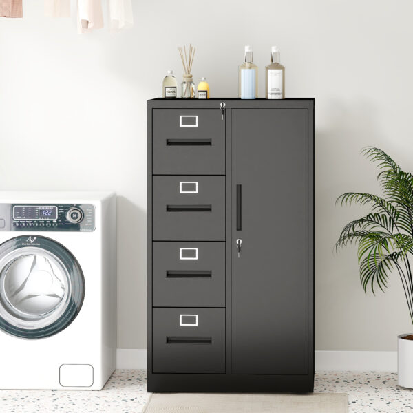 Metal Storage Vertical Filing Cabinet with Lock, Steel File Locker with 4 Drawers and 1 door for School, Living Room, Bedroom, Office (Black)