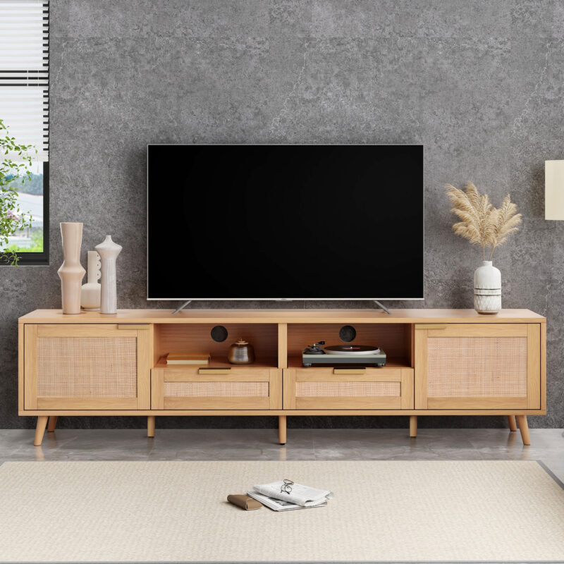 Rattan TV Stand for TVs up to 85'', Modern Farmhouse Media Console, Entertainment Center with Solid Wood Legs, TV Cabinet for Living Room,Home Theatre - Image 9