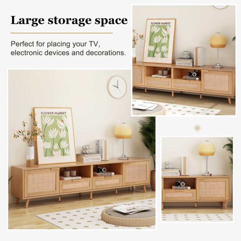 Rattan TV Stand for TVs up to 85'', Modern Farmhouse Media Console, Entertainment Center with Solid Wood Legs, TV Cabinet for Living Room,Home Theatre - Image 8