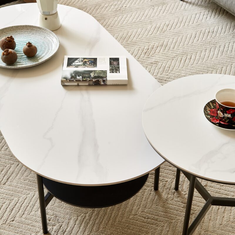 Coffee table ceramic Coffee Table, MDF painting Double Layer Coffee Table for Living Room, white ceramic and Coffee Brown Bottom Shelf - Image 10