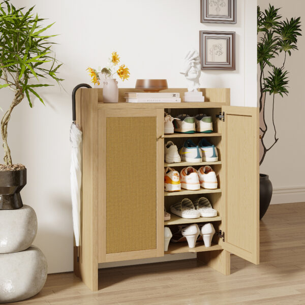 42.5" Tall Rattan Shoe Cabinet with Doors, 6-Tier Shoe Storage Cabinet with Adjustable Shelves, Wooden Freestanding Shoe Organizer Shoe Cabinet for Entryway,Hallway,Living Room