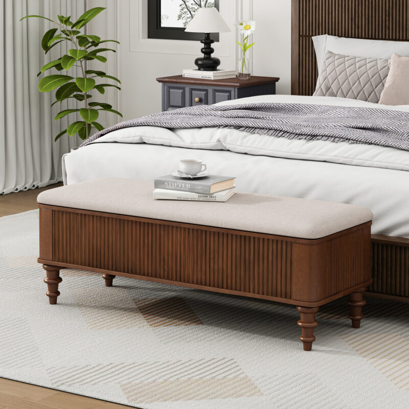 50.8-inch Multi-Functional Storage Ottoman Bench-Solid Rubberwood Bed End Bench with Linen Seat, Storage Bench for Bedroom, Entryway Shoe Organizer for Bedroom, Living Room, Entryway, Closet, Natural - Image 12