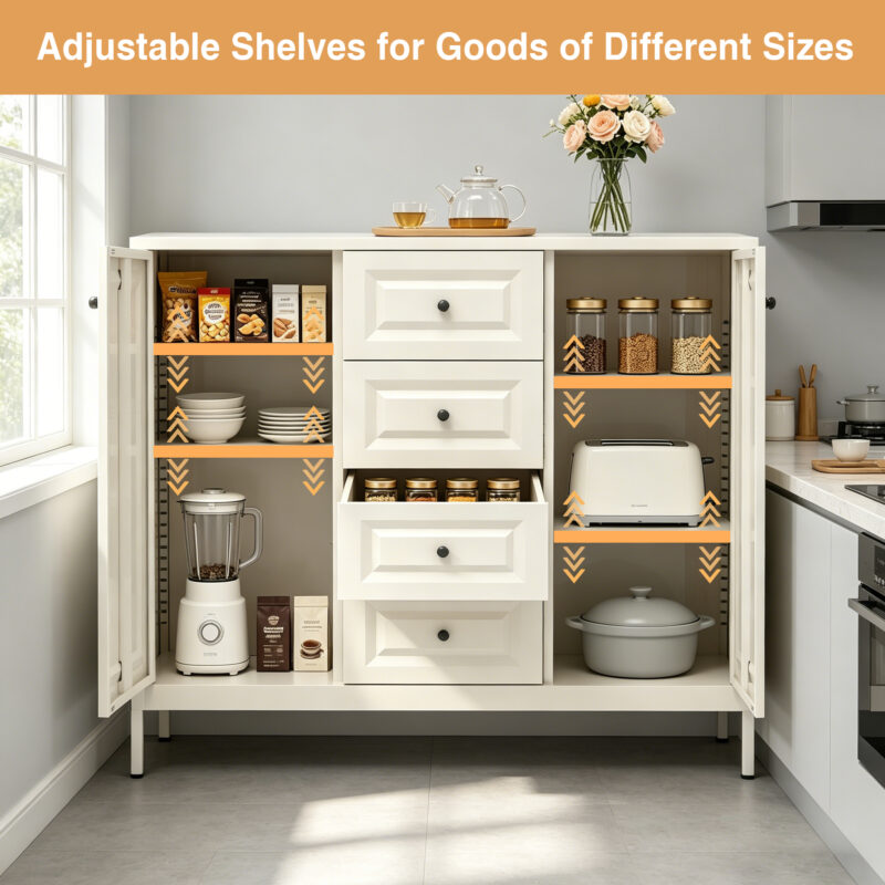 40.16'' Storage Sideboard Buffet Cabinet, Freestanding Accent Cabinet with 4 Drawers & 2 Doors, Adjustable Shelves Console Cabinet for Living Room, Kitchen ,Entryway ,Hallway ,Laundry Room(Beige) - Image 7