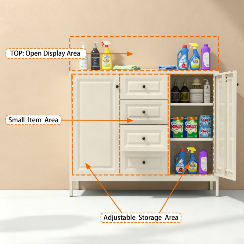 40.16'' Storage Sideboard Buffet Cabinet, Freestanding Accent Cabinet with 4 Drawers & 2 Doors, Adjustable Shelves Console Cabinet for Living Room, Kitchen ,Entryway ,Hallway ,Laundry Room(Beige) - Image 6
