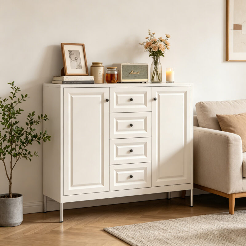 40.16'' Storage Sideboard Buffet Cabinet, Freestanding Accent Cabinet with 4 Drawers & 2 Doors, Adjustable Shelves Console Cabinet for Living Room, Kitchen ,Entryway ,Hallway ,Laundry Room(Beige) - Image 15