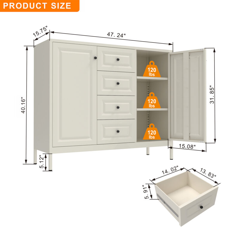 40.16'' Storage Sideboard Buffet Cabinet, Freestanding Accent Cabinet with 4 Drawers & 2 Doors, Adjustable Shelves Console Cabinet for Living Room, Kitchen ,Entryway ,Hallway ,Laundry Room(Beige) - Image 3