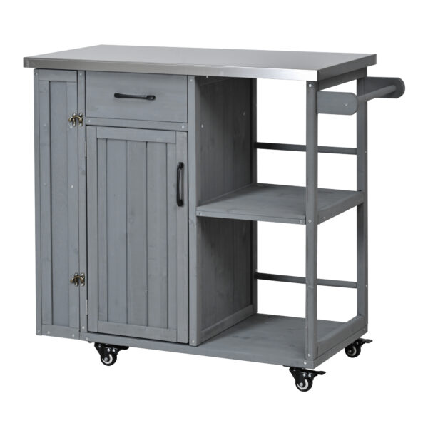 Outdoor Kitchen Island Fir Wood Prep Station Lockable Kitchen Cart with Stainless Top, Ample Storage Space, Towel and Spice Racks for Patio and Outdoor