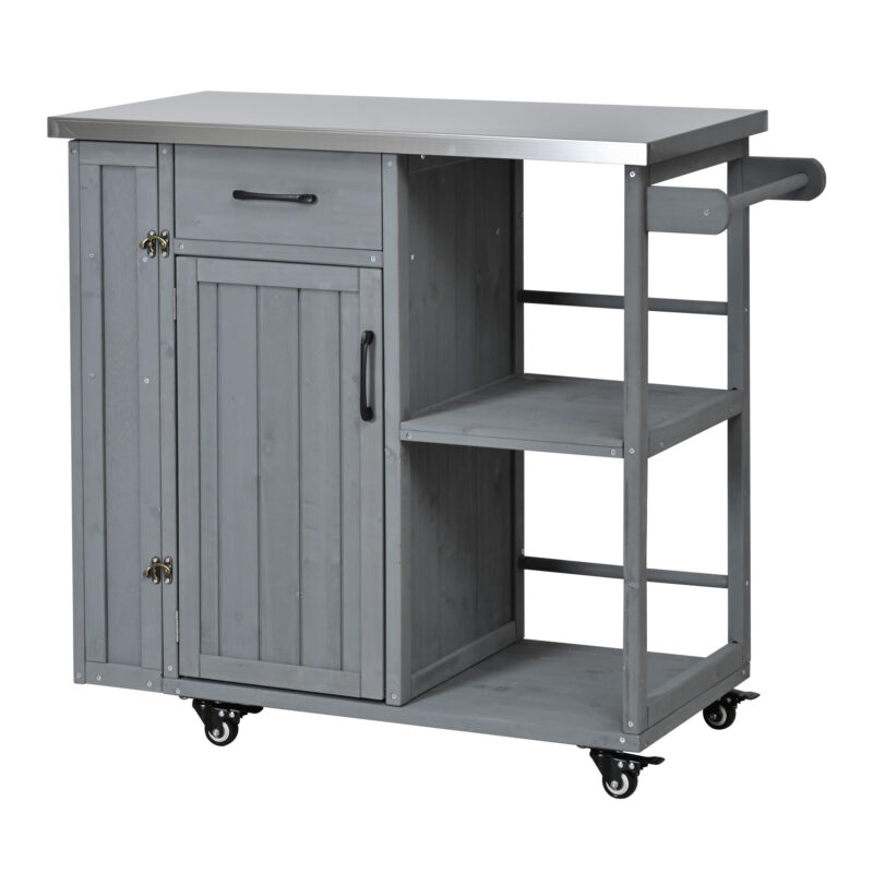 Outdoor Kitchen Island Fir Wood Prep Station Lockable Kitchen Cart with Stainless Top, Ample Storage Space, Towel and Spice Racks for Patio and Outdoor - Image 5