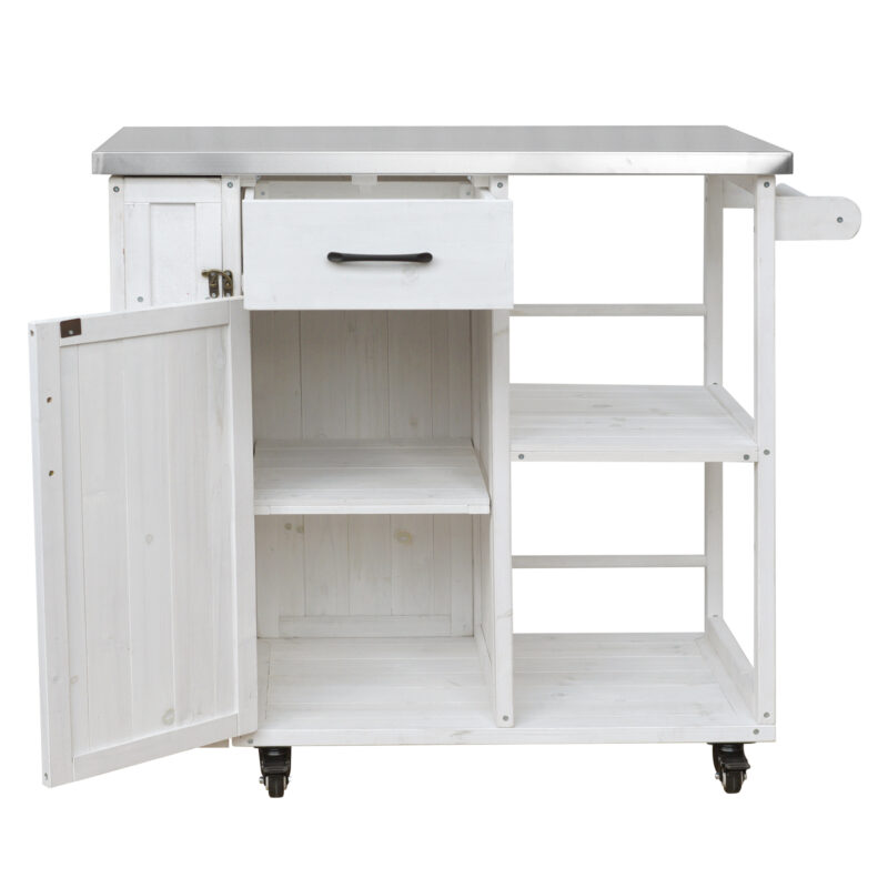Outdoor Kitchen Island Fir Wood Prep Station Lockable Kitchen Cart with Stainless Top, Ample Storage Space, Towel and Spice Racks for Patio and Outdoor - Image 13