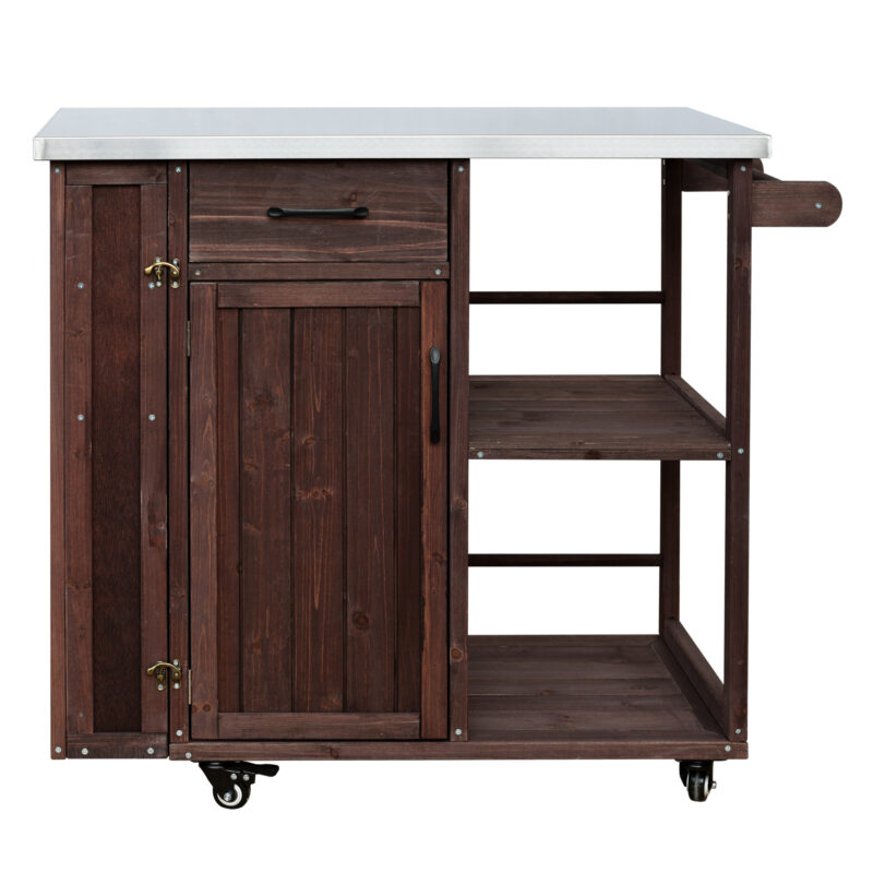 Outdoor Kitchen Island Fir Wood Prep Station Lockable Kitchen Cart with Stainless Top, Ample Storage Space, Towel and Spice Racks for Patio and Outdoor - Image 19