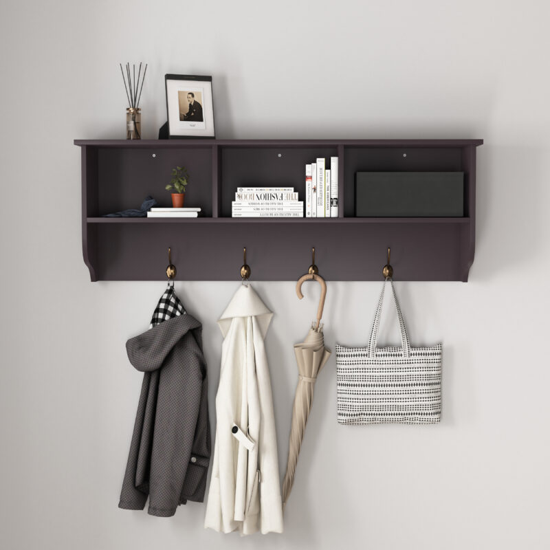 White Entryway Wall Mounted Coat Rack with 4 Dual Hooks Living Room Wooden Storage Shelf - Image 12