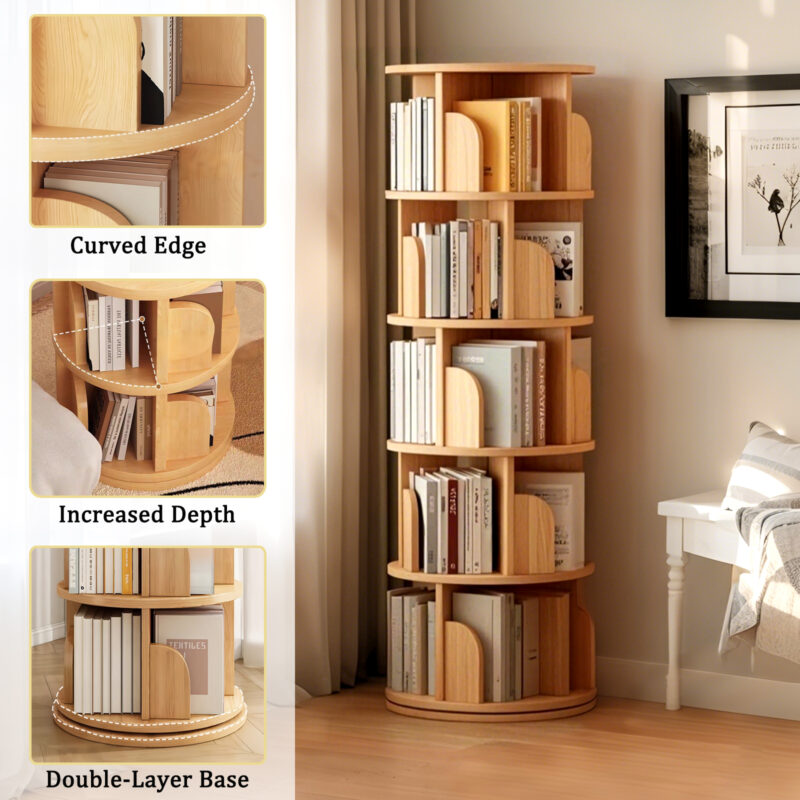 5 Tier Rotating Bookshelf, 360° Display Round Spinning Bookshelf, Space-Saving, Small Space Rotating Bookshelf Tower for Bedroom, Living Room, Home, Office, Wood Color - Image 18