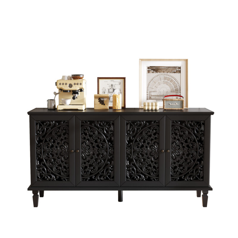60" Antique Buffet Cabinet with Floral Carvings with Solid Wood Legs&Antique Brass Handles&Adjustable Shelves, TV Stand for 65''+ TV, Sideboard for Living Room,Dining Room (Black) - Image 6