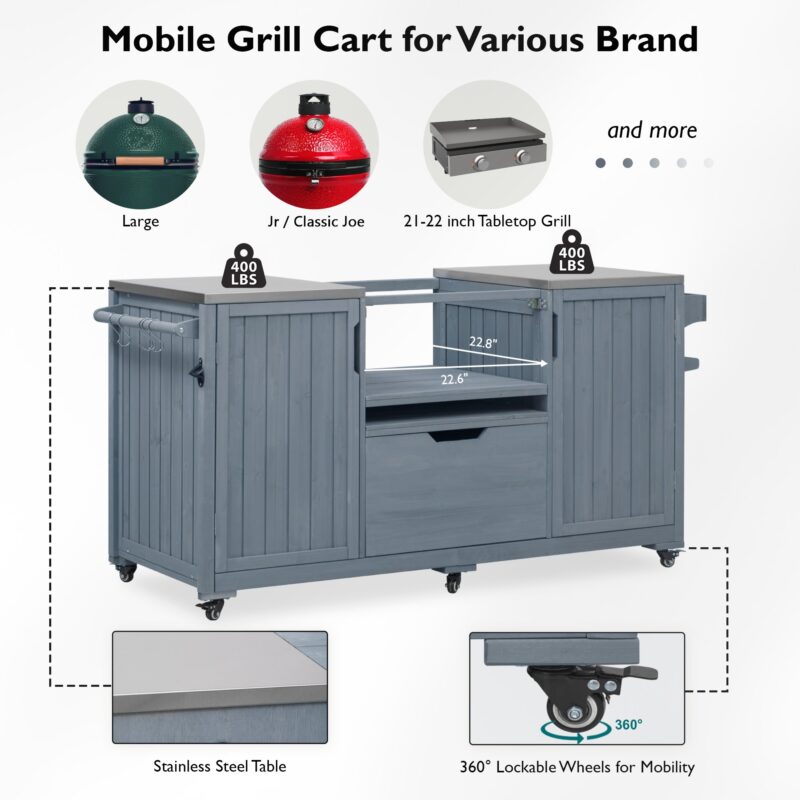 K&K 66.5" Outdoor Kitchen Island for Big Green Egg Grills, Solid Wood Outdoor Grill Cart for Tabletop Grill with Stainless Steel Top, Drawer, Compatible with Large Big Green Egg, Kamado Joe- Grey Blue - Image 8