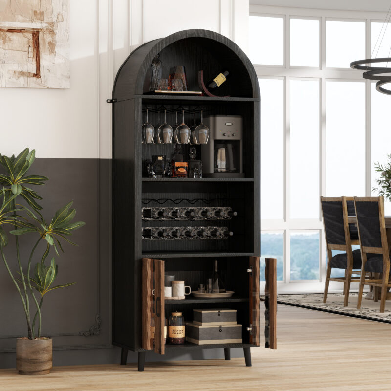 71"Farmhouse Arched Wine Bar Cabinet: tall arched display cabinet , arch black cabinets &coffee bar, whiskey station with wine rack and Wine Glass Holder - Liquor Bars Cabinet for Living Dining Room - Image 2