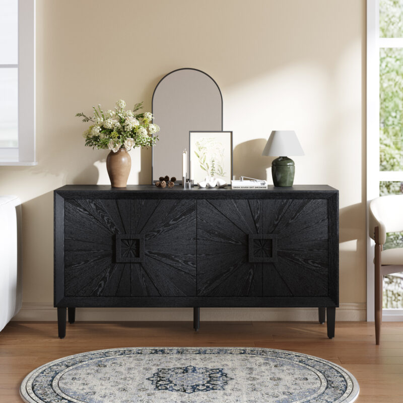 60" Premium Rustic American Farmhouse Credenza in Elegant Black - Symmetrical Sunburst Door Design, Heavy-Duty TV Stand with Adjustable Shelves, Black Wood Storage Cabinet - Image 9
