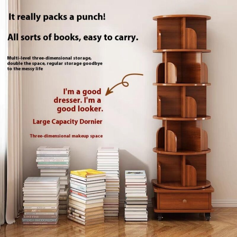 (UPGRADED) Rotating Bookshelf, 360 Display Corner Bookshelf for Small Space, 6 Tier Bookcase Storage Rack with Wheels, Wood Narrow Organizer for Bedroom, Living Room, Study Room, Walnut Brown - Image 9
