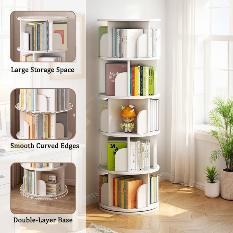 5 Tier Rotating Bookshelf, 360° Display Round Spinning Bookshelf, Space-Saving, Small Space Rotating Bookshelf Tower for Bedroom, Living Room, Home, Office, Wood Color - Image 13