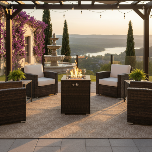 22" Propane Gas Fire Pit Table, 50000 BTU Square Steel Fire Pit with Beautiful Wicker Base for Outside Patio Deck Garden Backyard-Dark Brown