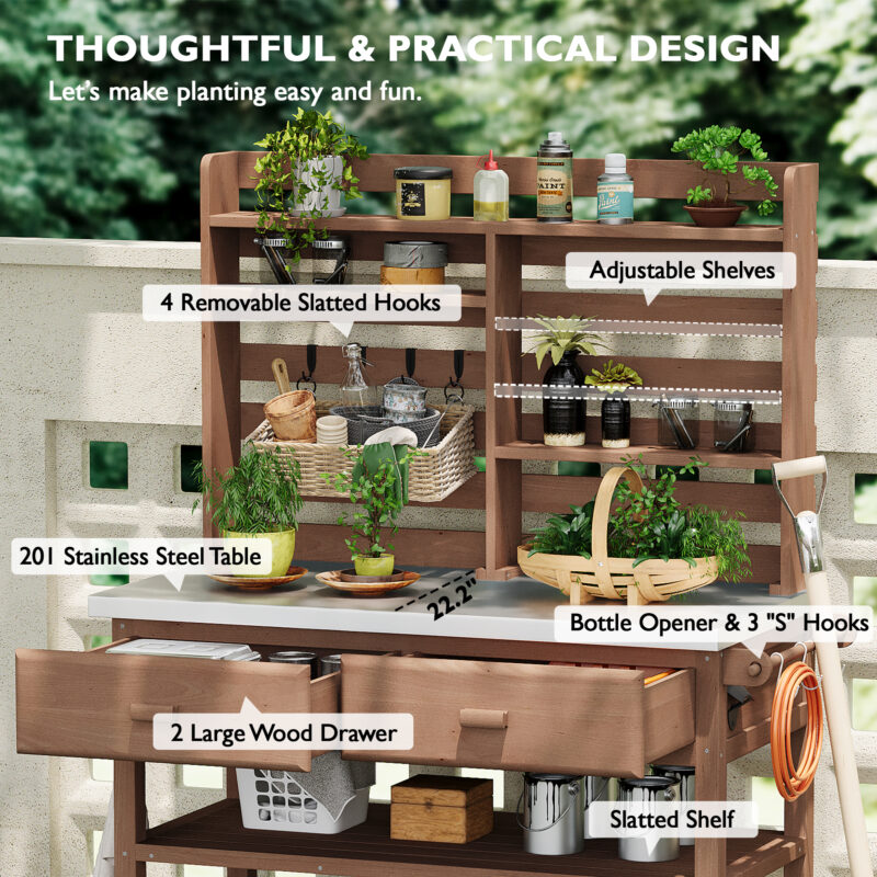 K&K 64.9"H Outdoor Potting Bench Table with Lockable Wheels, Solid Wood Outdoor Kitchen Island with Upper Hutch, Stainless Steel Top, Towel Rack ,Outdoor Storage for Grilling, Lawn Garden -Grey Blue - Image 39