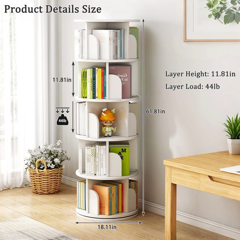 5 Tier Rotating Bookshelf, 360° Display Round Spinning Bookshelf, Space-Saving, Small Space Rotating Bookshelf Tower for Bedroom, Living Room, Home, Office, Wood Color - Image 12