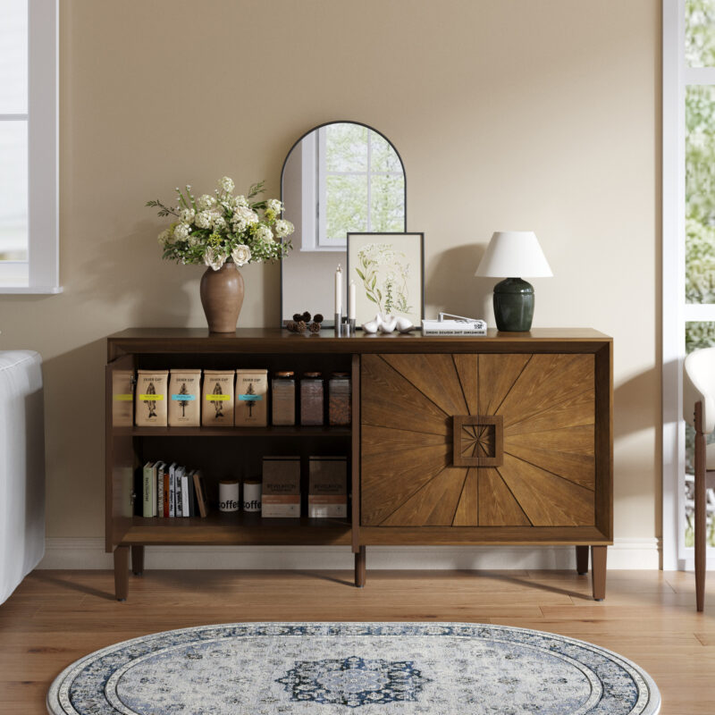 60" Premium Rustic American Farmhouse Credenza in Elegant Black - Symmetrical Sunburst Door Design, Heavy-Duty TV Stand with Adjustable Shelves, Black Wood Storage Cabinet - Image 12