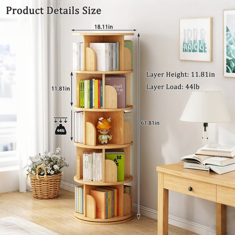 5 Tier Rotating Bookshelf, 360° Display Round Spinning Bookshelf, Space-Saving, Small Space Rotating Bookshelf Tower for Bedroom, Living Room, Home, Office, Wood Color - Image 17